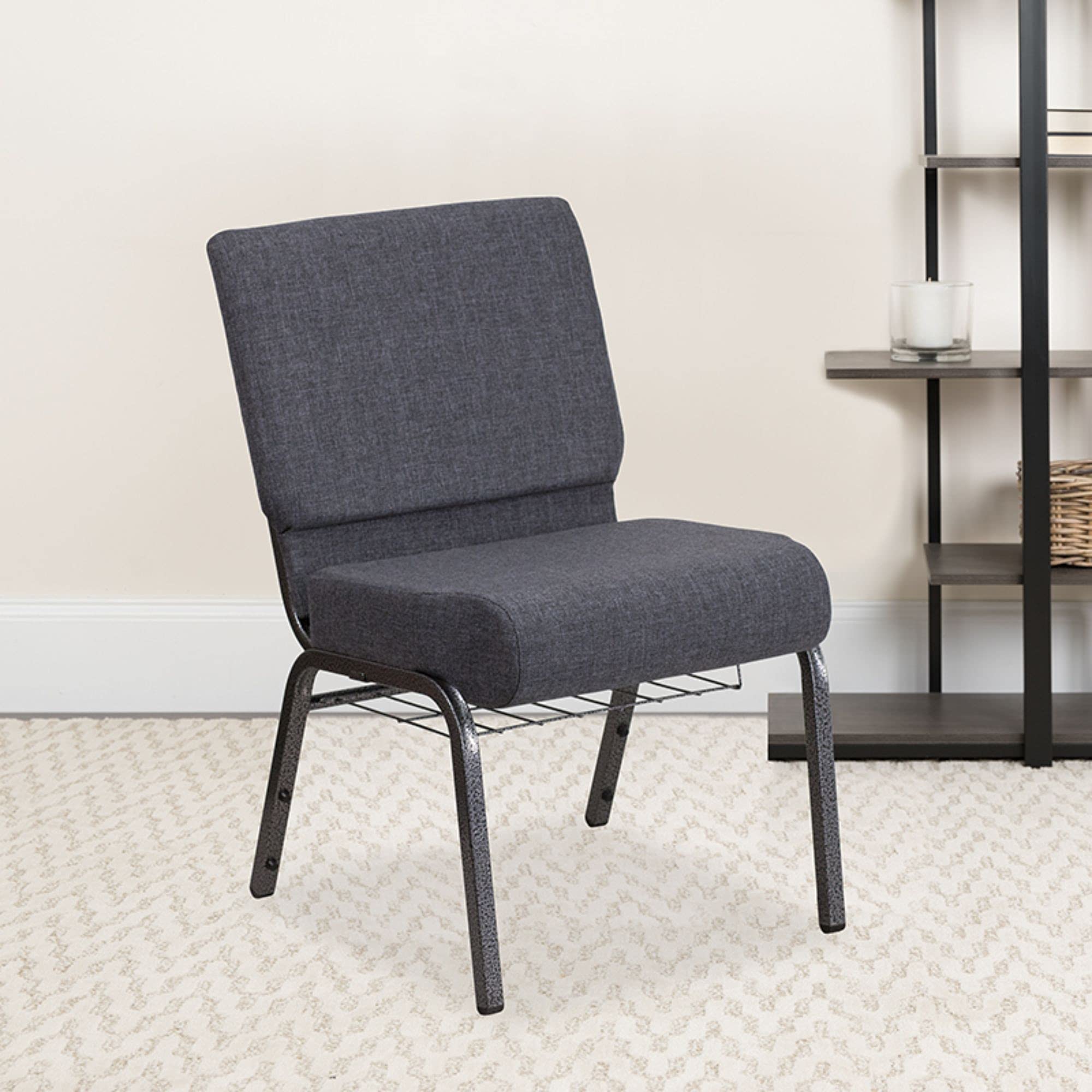 Flash Furniture Hercules Series 21''W Church Chair In Dark Gray Fabric With Book Rack - Silver Vein Frame